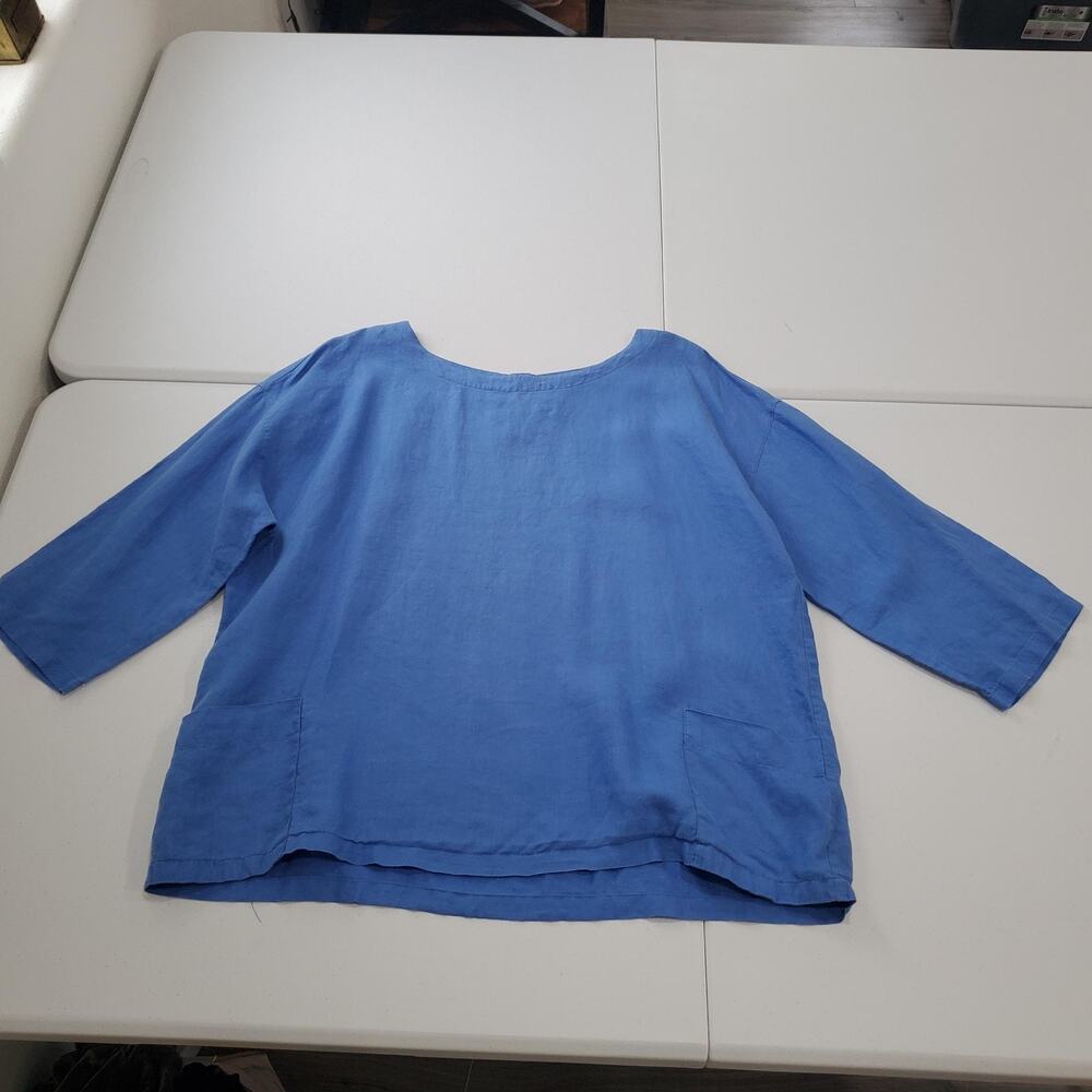 Eileen Fisher Blouse Womens Large Blue Organic Linen 3/4 Sleeve Tunic Top Casual